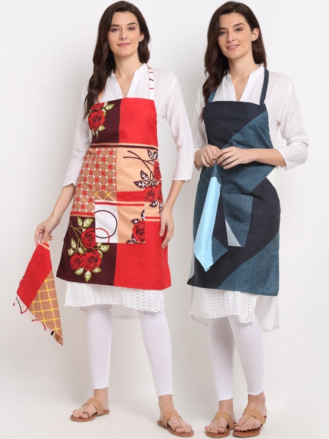 

NEUDIS Pack Of 2 Printed 210TC Aprons With Front Centre Pocket & Napkin, Red