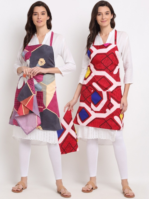 

NEUDIS Pack Of 2 Printed 210TC Aprons With Front Centre Pocket & Napkin, Red