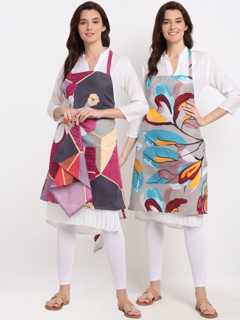 

NEUDIS Pack Of 2 Printed 210TC Aprons With Front Centre Pocket & Napkin, Grey