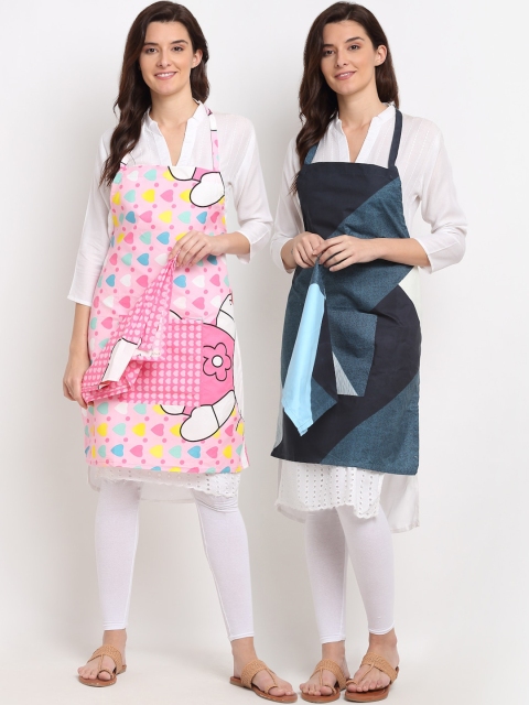 

NEUDIS Pack Of 2 Printed 210TC Aprons With Front Centre Pocket & Napkin, Pink