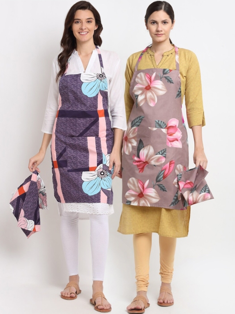 

NEUDIS Pack Of 2 Printed 210TC Aprons With Front Centre Pocket & Napkin, Purple