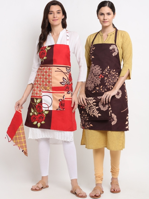 

NEUDIS Pack Of 2 Printed 210TC Aprons With Front Centre Pocket & Napkin, Red