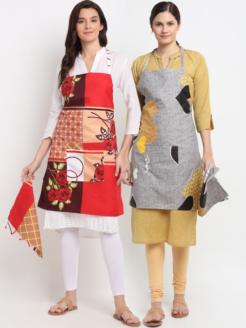 

NEUDIS Pack Of 2 Printed 210TC Aprons With Front Centre Pocket & Napkin, Red