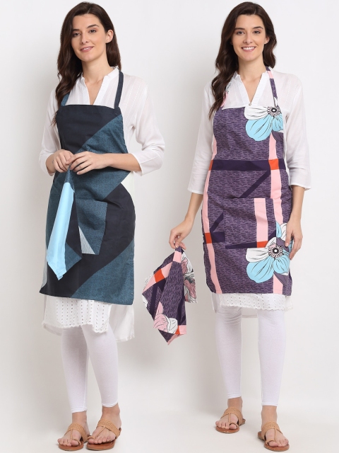 

NEUDIS Pack of 2 Teal Blue & Purple Printed Apron with Front Big Centre Pocket and Napkin