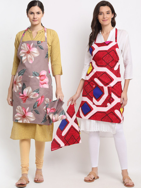 

NEUDIS Pack of 2 Pink & Red Printed Apron with Front Big Centre Pocket and a Napkin