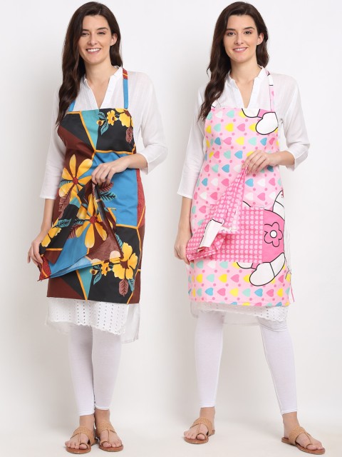 

NEUDIS Pack of 2 Multicoloured Printed Apron with Front Big Centre Pocket and a Napkin, Multi