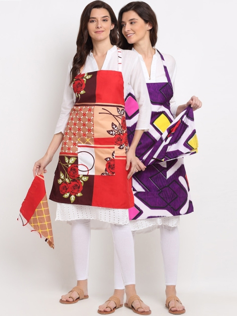 

NEUDIS Pack of 2 Red & Purple Printed Apron with Front Big Centre Pocket and a Napkin