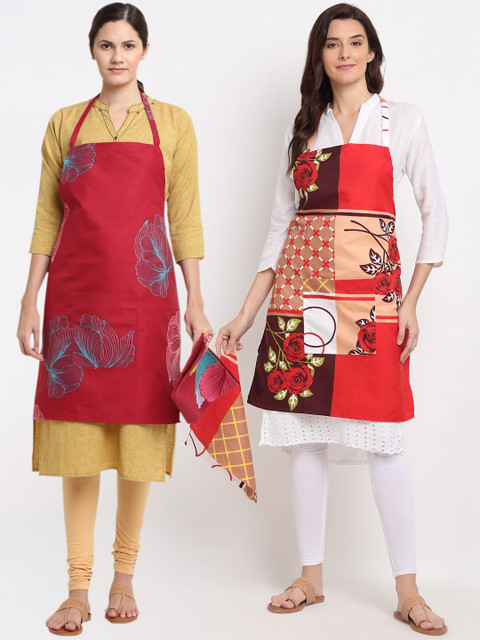 

NEUDIS Pack of 2 Red Printed 210TC Apron with Front Big Centre Pocket and a Napkin
