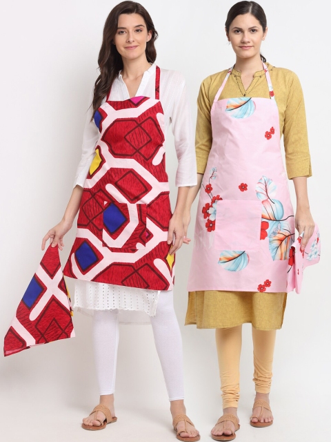 

NEUDIS Pack of 2 Red & Pink Printed 210TC Apron with Front Big Centre Pocket and a Napkin