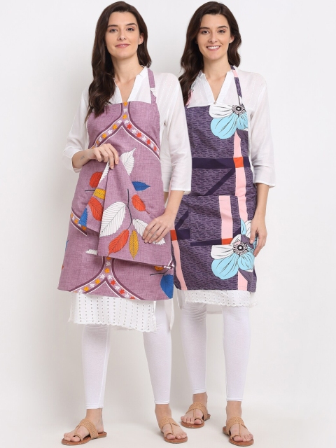 

NEUDIS Pack of 2 Pink & Purple Printed Apron with Front Big Centre Pocket and a Napkin