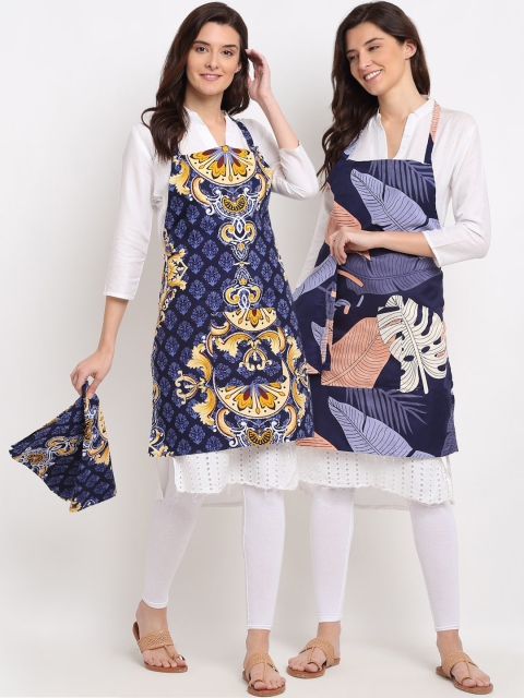 

NEUDIS Pack of 2 Blue Printed 210TC Apron with Front Big Centre Pocket and a Napkin