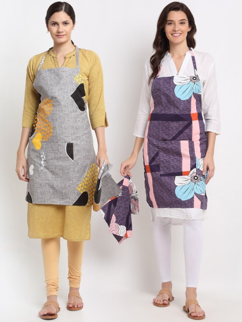 

NEUDIS Pack of 2 Grey & Purple Printed Apron with Front Big Centre Pocket and Napkin