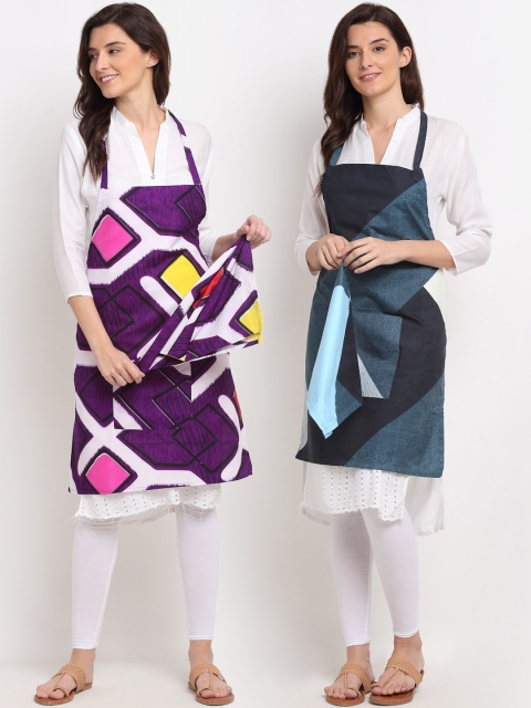 

NEUDIS Pack of 2 Purple & Teal Blue Printed Apron with Front Big Centre Pocket and Napkin