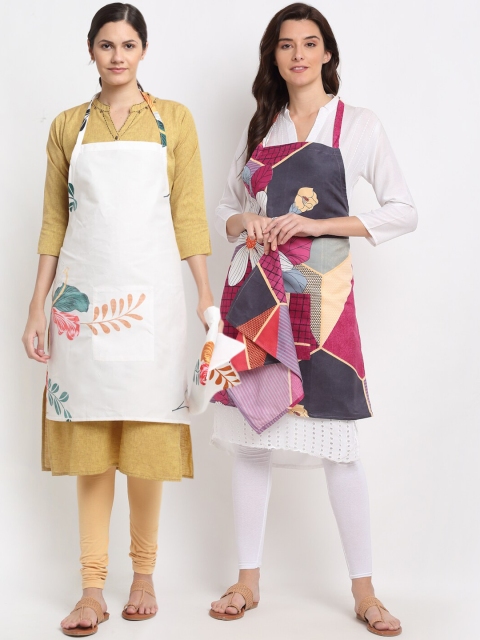 

NEUDIS Pack of 2 White & Pink Printed 210TC Apron with Front Big Centre Pocket and Napkin