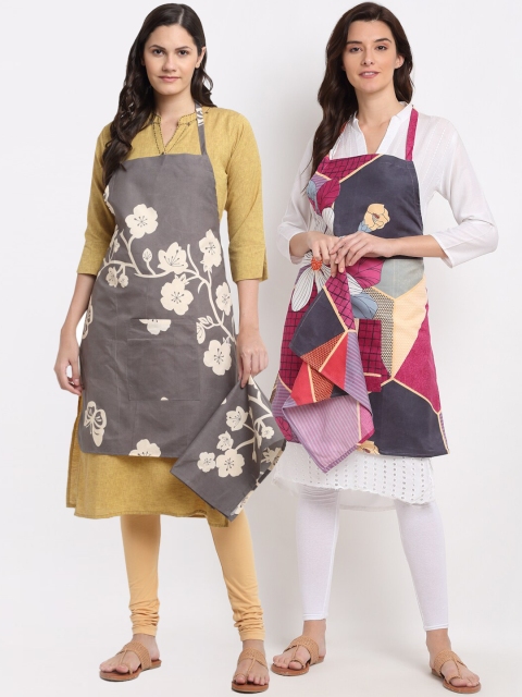 

NEUDIS Pack of 2 Grey & Pink Printed 210TC Apron with Front Big Centre Pocket and Napkin