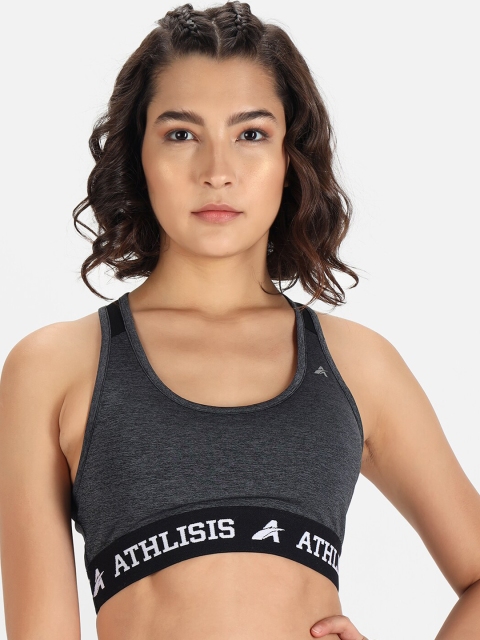 

ATHLISIS Grey & Black Colourblocked Lightly Padded Workout Bra