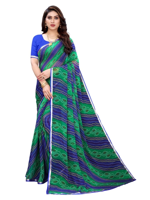 

KALINI Blue & Green Bandhani Pure Chiffon Saree