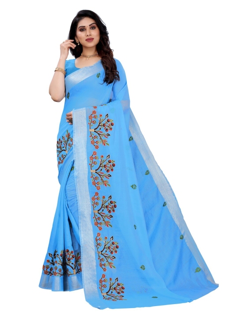 

KALINI Blue & Red Embroidered Floral Saree