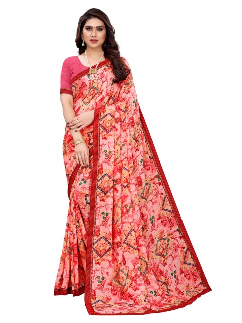 

KALINI Pink & Green Floral Art Silk Saree