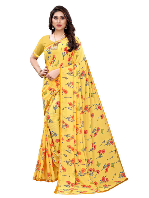 

KALINI Yellow Floral Art Silk Saree