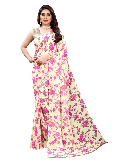 

KALINI Cream-Coloured & Pink Floral Saree