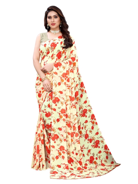 

KALINI Cream-Coloured & Red Floral Saree