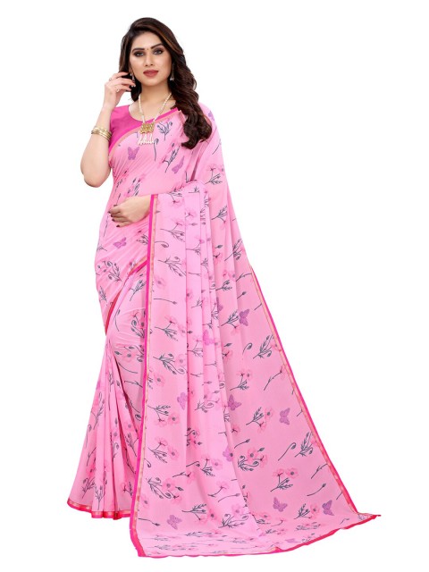 

KALINI Pink & Blue Floral Art Silk Saree