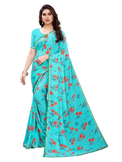 

KALINI Turquoise Blue & Pink Floral Saree