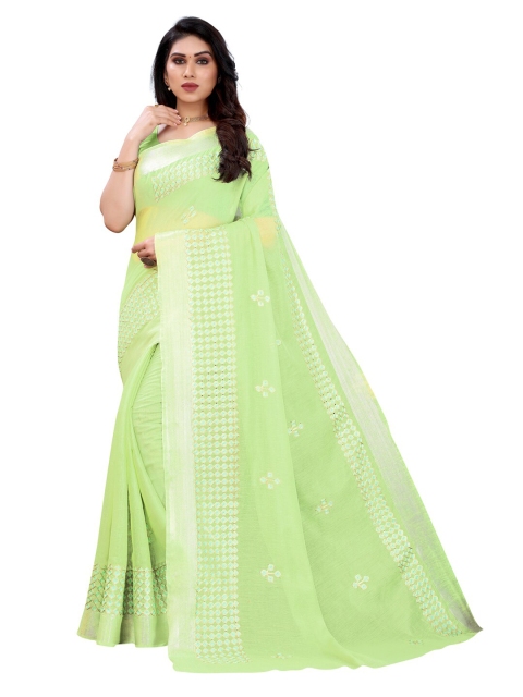 

KALINI Green & Silver-Toned Embroidered Saree