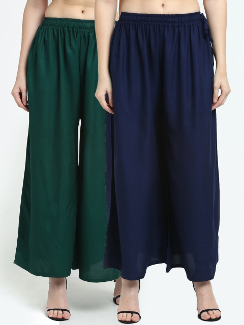 

TAG 7 Women Set Of 2 Green & Navy Blue Flared Ethnic Palazzos