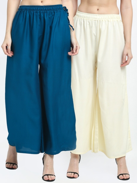 

TAG 7 Women Pack Of 2 Cream-Coloured & Navy Blue Flared Ethnic Palazzos