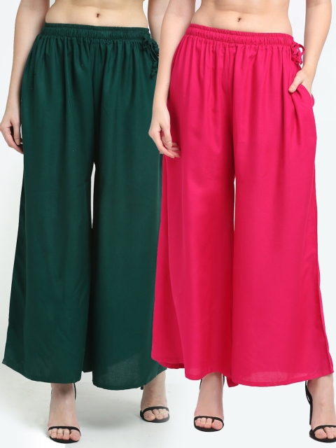 

TAG 7 Women Set Of 2 Green & Pink Flared Ethnic Palazzos