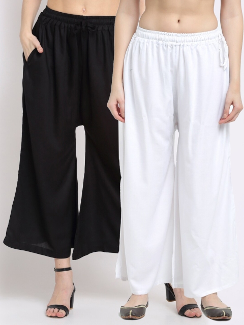

TAG 7 Women Pack Of 2 White & Black Solid Flared Palazzos