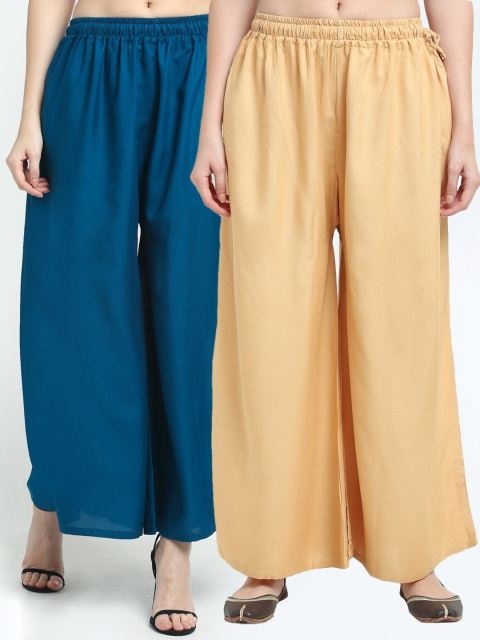 

TAG 7 Women Pack Of 2 Beige & Blue Flared Ethnic Palazzos
