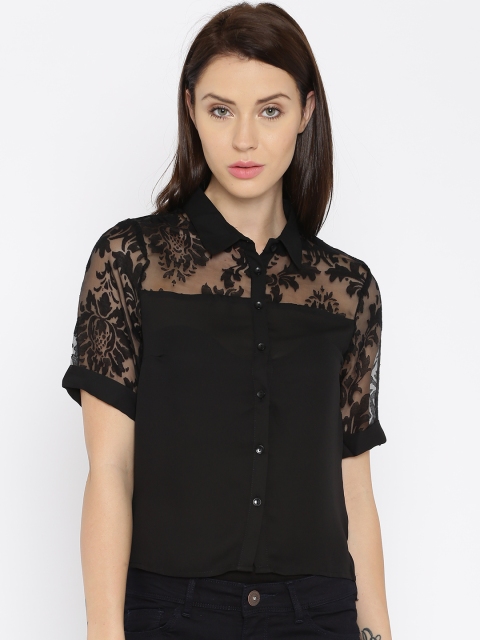 

Jealous 21 Women Black Sheer Floral Yoke Shirt