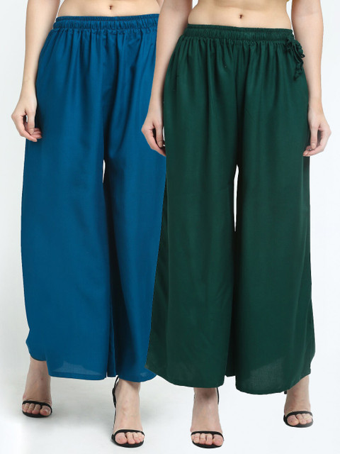 

TAG 7 Women Set Of 2 Green & Blue Flared Ethnic Palazzos