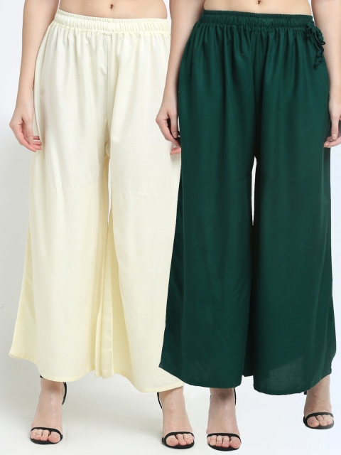 

TAG 7 Women Pack Of 2 Off White & Green Solid Flared Palazzos