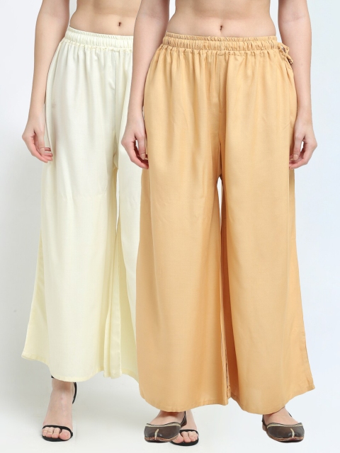 

TAG 7 Pack Of 2 Women Beige & Cream-Coloured Flared Ethnic Palazzos