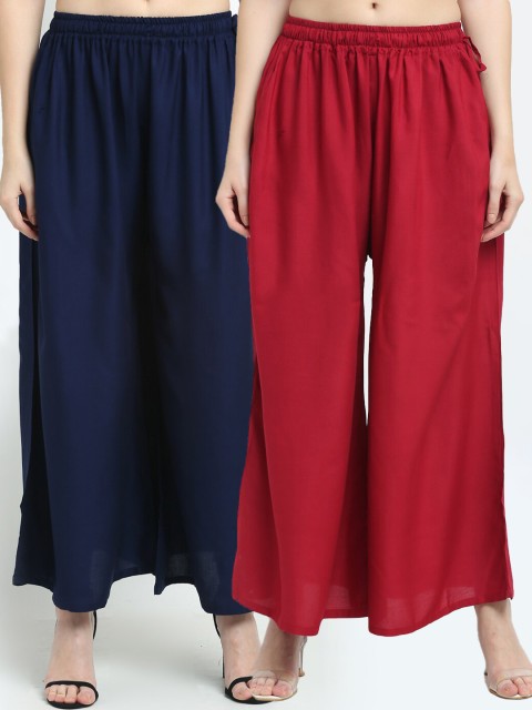 

TAG 7 Women Pack Of 2 Navy Blue & Maroon Solid Flared Palazzos