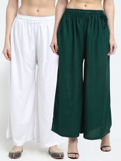 

TAG 7 Women Pack Of 2 White & Green Flared Ethnic Palazzos