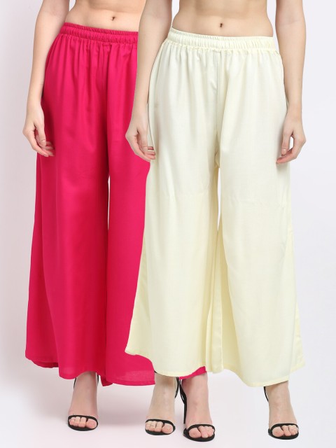 

TAG 7 Pack Of 2 Women Cream-Coloured & Pink Flared Palazzos