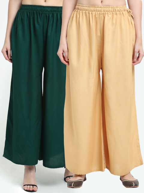 

TAG 7 Women Set Of 2 Beige & Green Flared Ethnic Palazzos