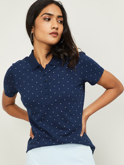 

Bossini Women Navy Blue Polka Dots Printed Polo Collar T-shirt