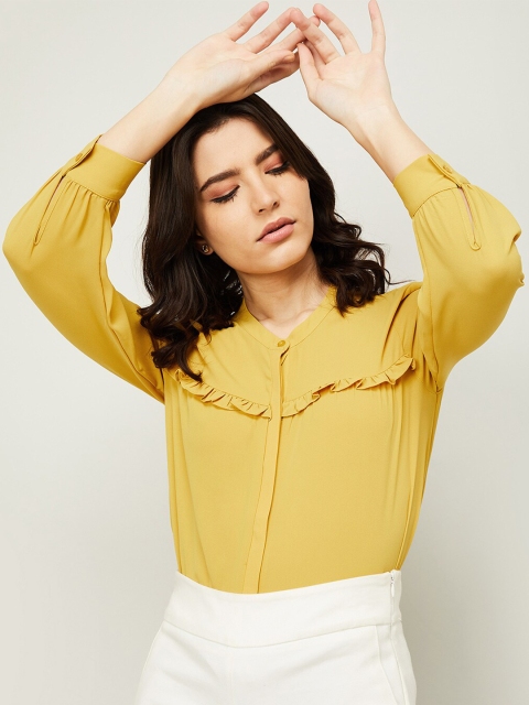 

Bossini Women Mustard Yellow Mandarin Collar Regular Top
