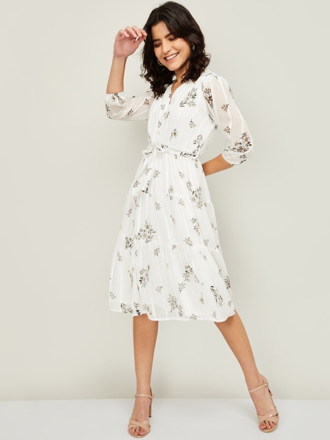 

CODE by Lifestyle Women Off White & Brown Floral Fit & Flare Midi Dress