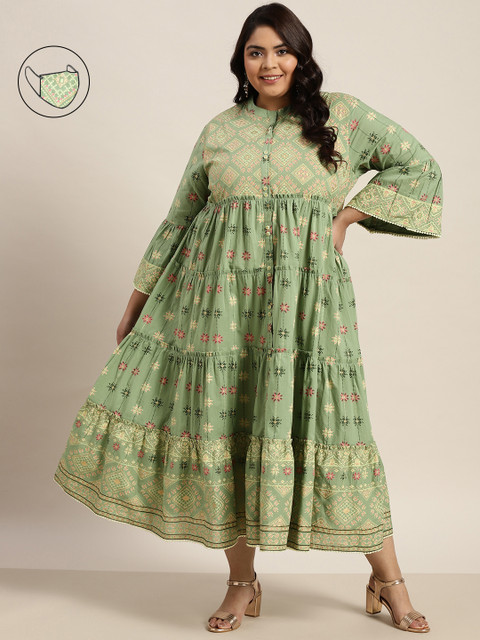 

Juniper Plus Green & Multicoloured Floral Ethnic Tiered Maxi Dress