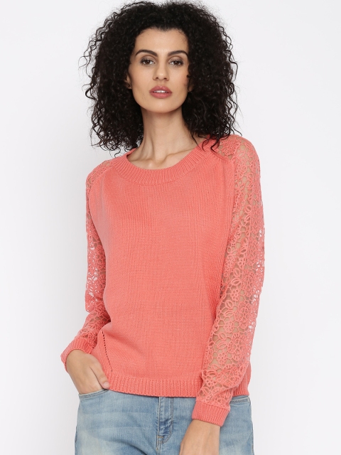 

Jealous 21 Women Coral Pink Lace Sleeve Sweater