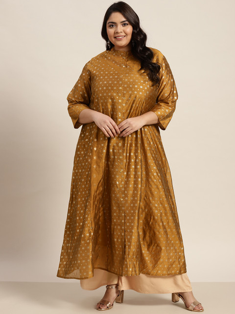 

Juniper Plus Women Mustard Yellow & Gold-Toned Ethnic Motifs Printed Chanderi Silk Kurta