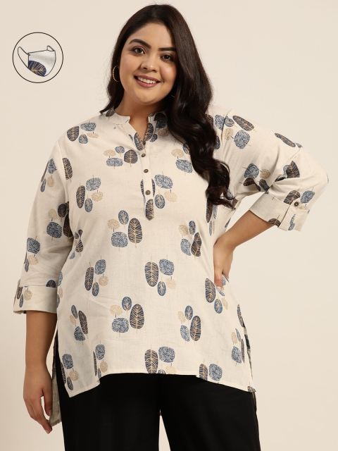 

Juniper Plus Off White & Navy Blue Ethnic Motifs Printed Pure Cotton Kurti Comes With A Mask