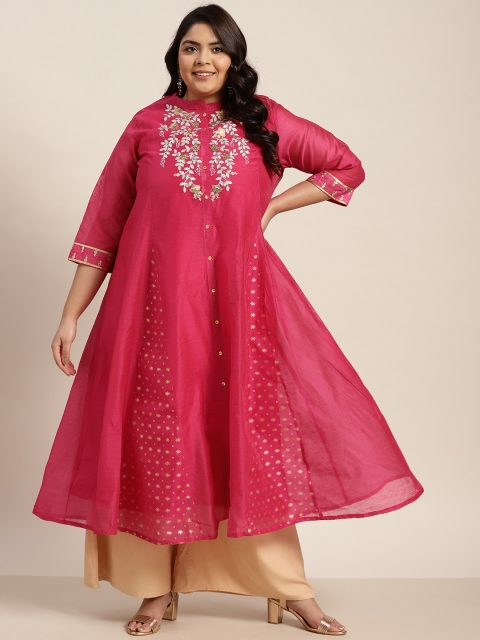 

Juniper Plus Women Fuchsia & Gold-Toned Ethnic Motifs Embroidered Chanderi Silk Kurta